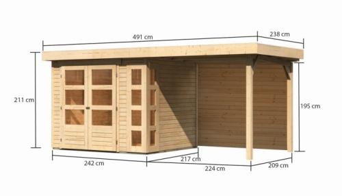 drevený domček KARIBU KERKO 3 + prístavok 240 cm vrátane zadnej steny (9185) natur