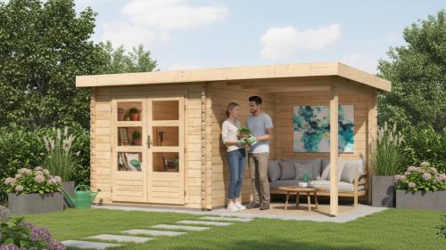 drevený domček KARIBU BASTRUP 2 + prístavok 200 cm vrátane zadnej steny (9300) natur