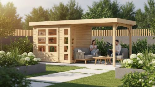 drevený domček KARIBU KERKO 3 + prístavok 240 cm (82932) natur