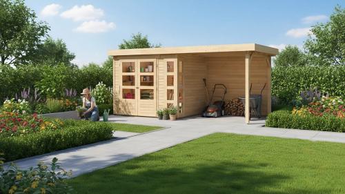 drevený domček KARIBU KERKO 3 + prístavok 240 cm vrátane zadnej steny (9185) natur