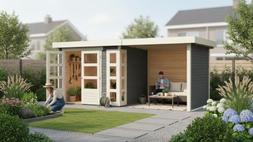 drevený domček KARIBU KERKO 3 + prístavok 240 cm vrátane zadnej a bočnej steny (82935) terragrau