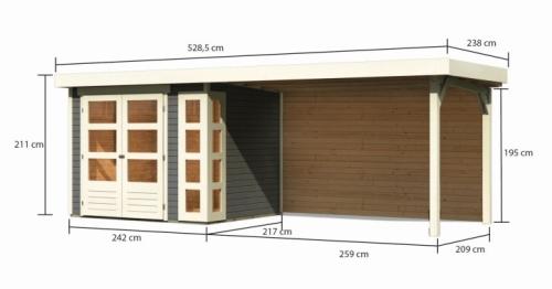 drevený domček KARIBU KERKO 3 + prístavok 280 cm vrátane zadnej steny (9188) terragrau
