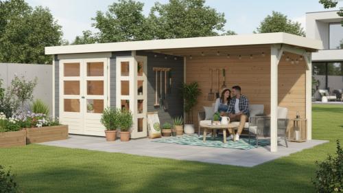 drevený domček KARIBU KERKO 3 + prístavok 280 cm vrátane zadnej steny (9188) terragrau