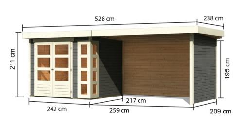 drevený domček KARIBU KERKO 3 + prístavok 280 cm vrátane zadnej a bočnej steny (82939) terragrau