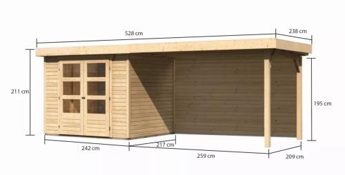 drevený domček KARIBU ASKOLA 3 + prístavok 280 cm vrátane zadnej steny (9173) natur