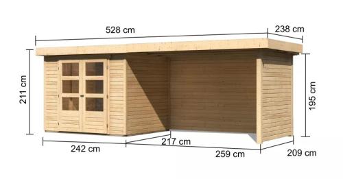 drevený domček KARIBU ASKOLA 3 + prístavok 280 cm vrátane zadnej a bočnej steny (77727) natur