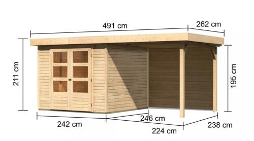 dřevěný domek KARIBU ASKOLA 3,5 + přístavek 240 cm včetně zadní stěny (9176) natur