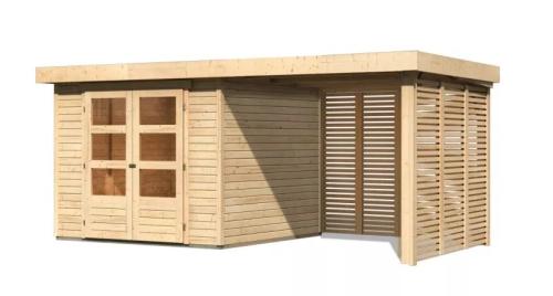 drevený domček KARIBU ASKOLA 3,5 + prístavok 240 cm vrátane zadnej a bočnej steny (9147) natur