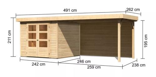 drevený domček KARIBU ASKOLA 3,5 + prístavok 280 cm vrátane zadnej steny (9149) natur