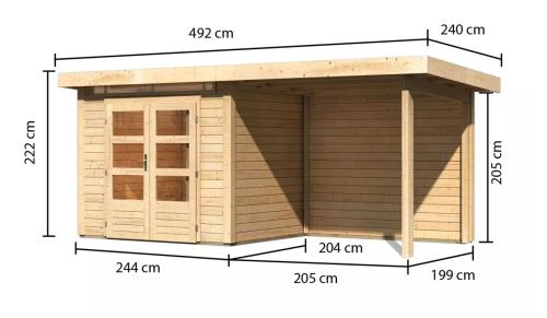 drevený domček KARIBU KANDERN 2 + prístavok 235 cm vrátane zadnej steny (23610) natur