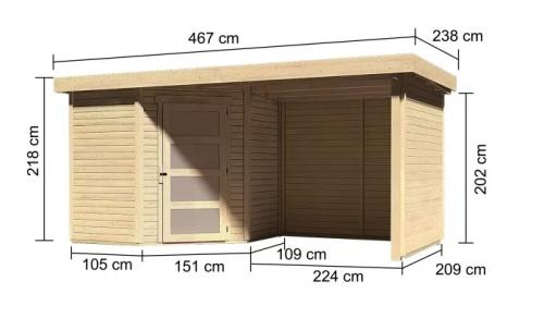dřevěný domek KARIBU SCHWANDORF 3 + přístavek včetně zadní a boční stěny 240 cm (77740) natur