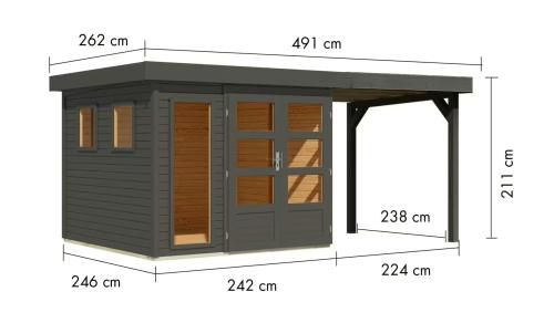 drevený domček KARIBU LAHAR 3,5 + prístavok 240 cm (12486) terragrau