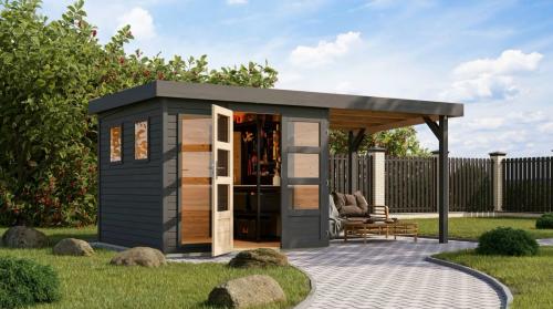drevený domček KARIBU LAHAR 3,5 + prístavok 240 cm (12486) terragrau