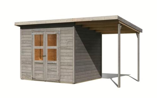 dřevěný domek KARIBU MERSEBURG 5 + přístavek 166 cm (9603) světle šedý