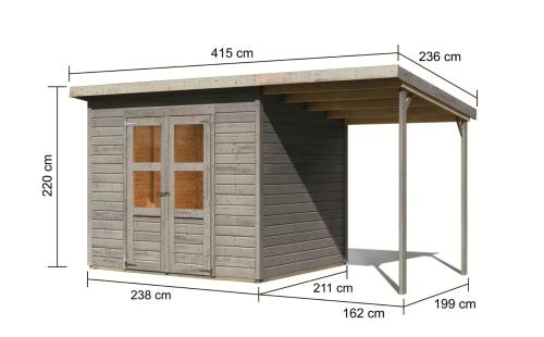 dřevěný domek KARIBU MERSEBURG 5 + přístavek 166 cm (9603) světle šedý