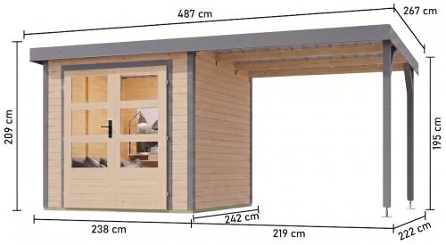 hybridný domček KARIBU JUPITER 3,5A (12372) natur / svetlo sivý + prístavok 219 cm